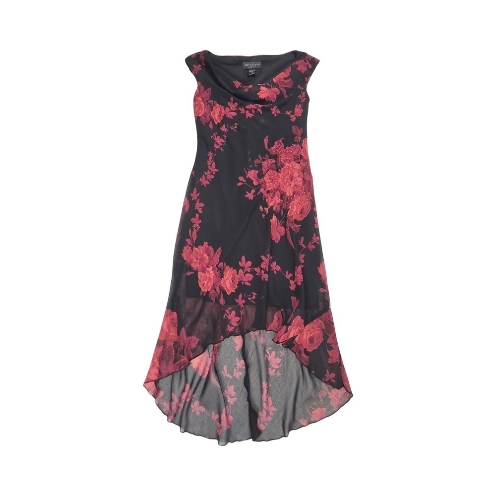 Connected Whimsigoth Floral High Low Dress Black Red Sequin Cowl Neck Small